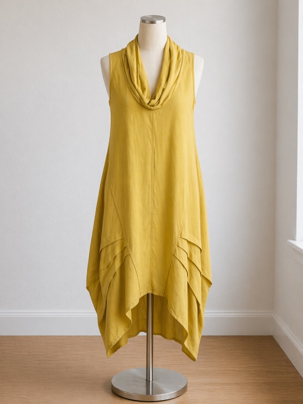 Cynthia Rowley Mustard Yellow Cowl Neck Handkerchief Hem Dress Size S